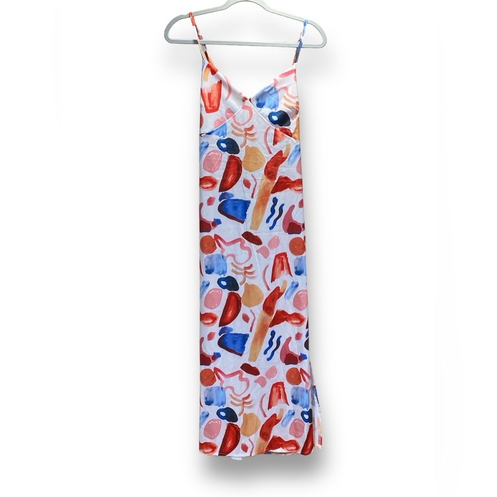 Abstract Paint Print Tie-Back Slip Dress Size Small Cutout Midi Spaghetti Strap